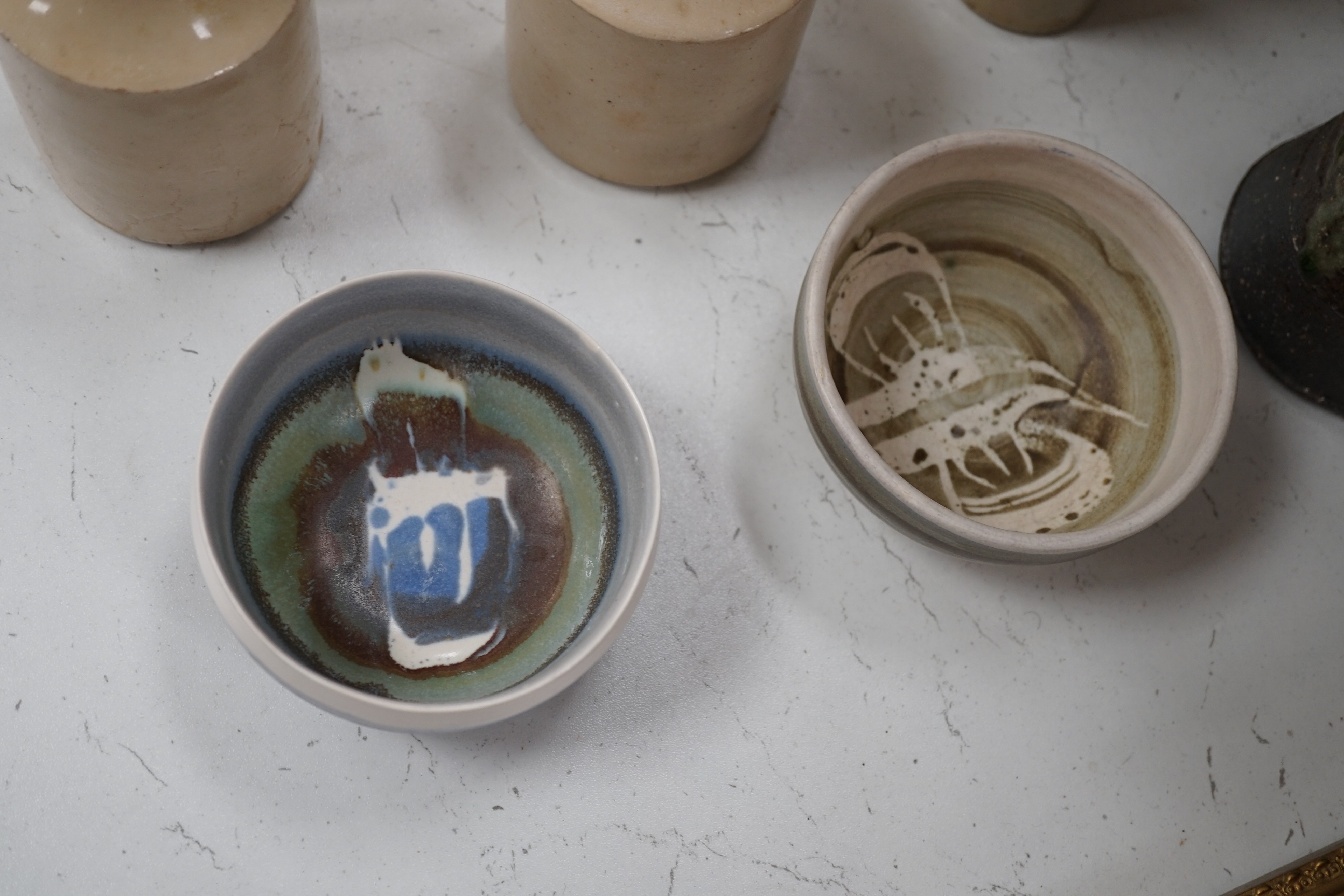 Mixed ceramics to include Copeland Parian Ophelia (a.f.) studio pottery, storage bottles, also to include a glass vase, glass vase 20cms high